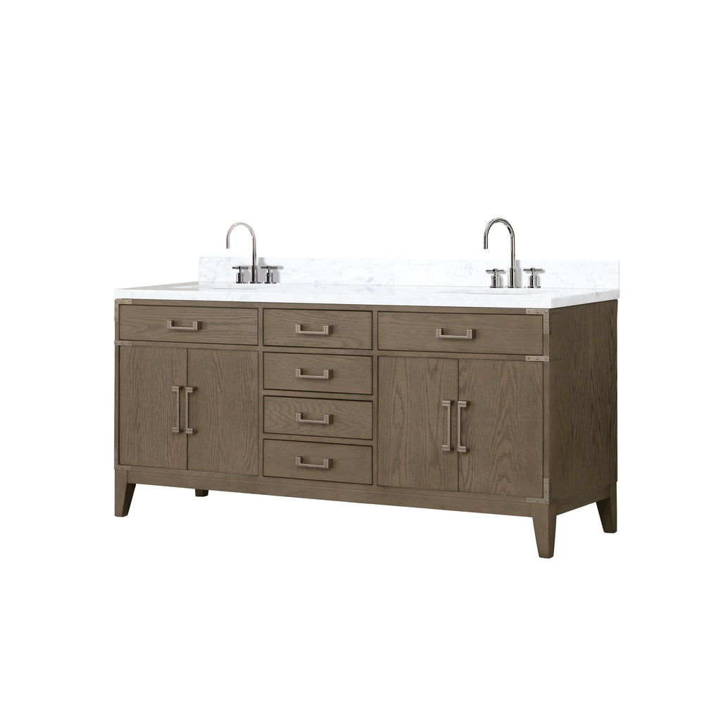 English Elm Grey Oak Double Bath Vanity With Carrara Marble Top & Gooseneck Faucet Set - Stylish Storage Solution! B2731P259896