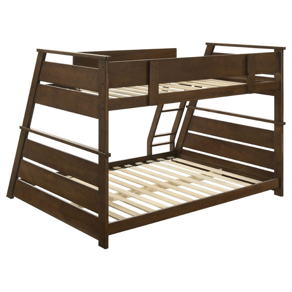 English Elm Reeder Walnut Finish Twin Over Full Bunk Bed Solid Wood Frame for Kids Shared Rooms B062S01557