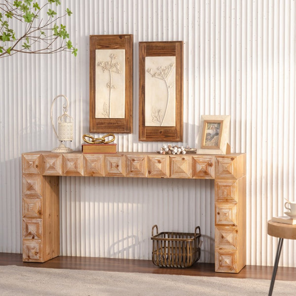 English Elm 59.06" Solid Wood Entryway Console Table with Hand Carved Geometric Relief Detailing W3158P426660