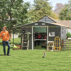 English Elm 10x12 Ft Galvanized Steel Outdoor Shed Dual Zone Lockable Sliding Doors Backyard Storage Dark Gray W1598S00034