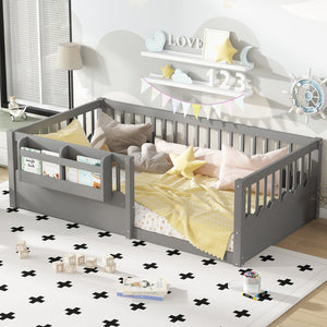 English Elm Twin Low Profile Kids Floor Bed Pine Wood Frame with Safety Rail and Built in Bookshelf Gray W1580P373135
