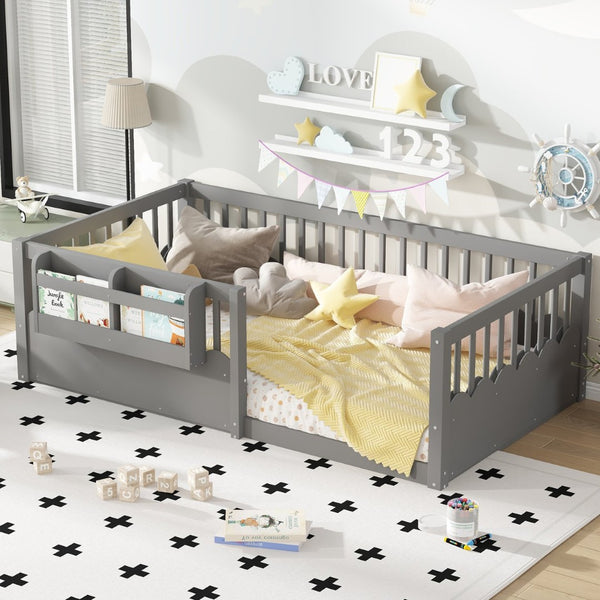 English Elm Twin Low Profile Kids Floor Bed Pine Wood Frame with Safety Rail and Built in Bookshelf Gray W1580P373135