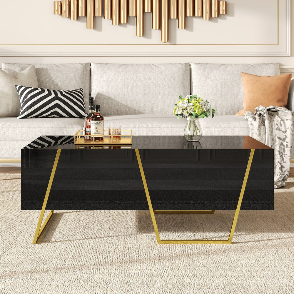 English Elm Modern 47.2" Rectangular Coffee Table with Sleek Black Top, Gold Metal Base and Four Drawers for Stylish Storage and Durable Contemporary Living Room Furniture Black+Gold N735P350386B