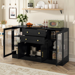 English Elm U-style Modern Buffet Sideboard with Acrylic Doors Power Outlet and Adjustable Storage Black N711P437648B