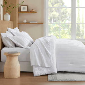 JLA Home Super Listing - Woven Logan Comforter Set with Subtle Striped Texture, Brushed Microfiber Reverse & Oeko-Tex Safety White AM10-0569