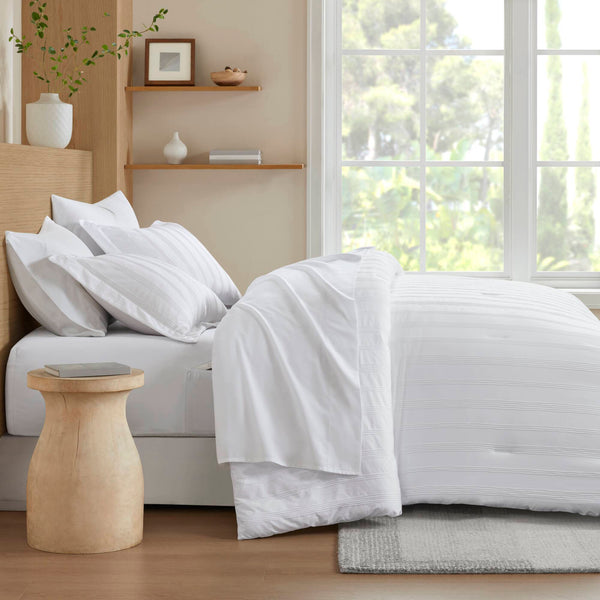 JLA Home Super Listing - Woven Logan Set Modern Striped Comforter Ensemble with Brushed Microfiber Reverse and Oeko-Tex Safety White AM10-0571