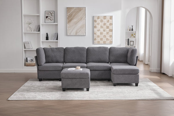 English Elm UNITED Modular 6-Seat Sectional Sofa with Removable Ottoman, Storage Compartments, Convertible Comfort Gray W1568S00245