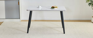 English Elm Modern Marble Look Tempered Glass Dining Table Seats Six with Tapered Black Metal Legs W1151S04621