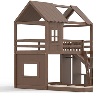 English Elm Twin Over Full Playhouse Bunk Bed with Slide Ladder Storage Shelves and Wardrobe Antique Natural W5305S00041