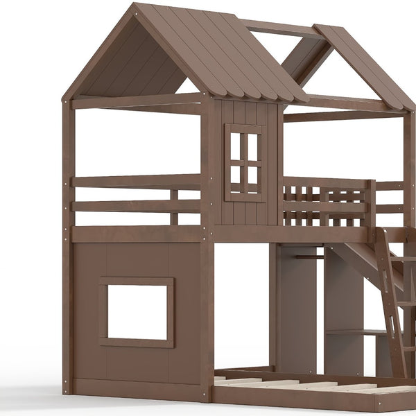 English Elm Twin Over Full Playhouse Bunk Bed with Slide Ladder Storage Shelves and Wardrobe Antique Natural W5305S00041