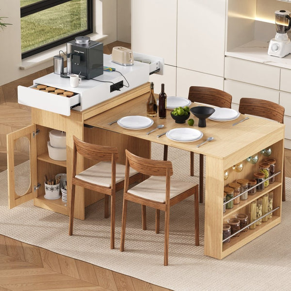 English Elm [video] Trexm Extendable Kitchen Island with Power Outlet Drawers and Rolling Base XW000028AAN