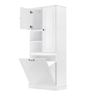 English Elm Tall Storage Cabinet with Flip-Out Basket, Adjustable Shelves & Aluminum Handles for Organized Living White N725P322739K