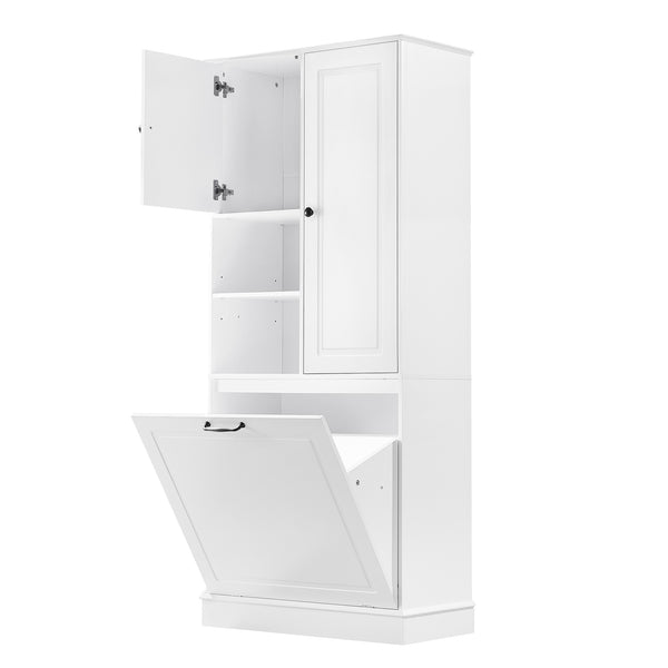 English Elm Tall Storage Cabinet with Flip-Out Basket, Adjustable Shelves & Aluminum Handles for Organized Living White N725P322739K
