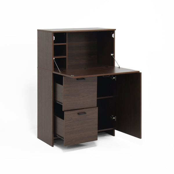 English Elm Desk Walnut Fold-Up Cabinet with Drawer & Shelves — Space-Saving Desk for Home Office Dorms, 31.5" W409P171382