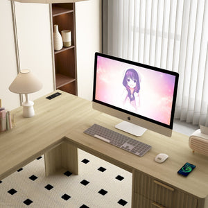 English Elm L Shaped Corner Desk with Storage Cabinet and Built in Charging Station for Home Office W1321S00038