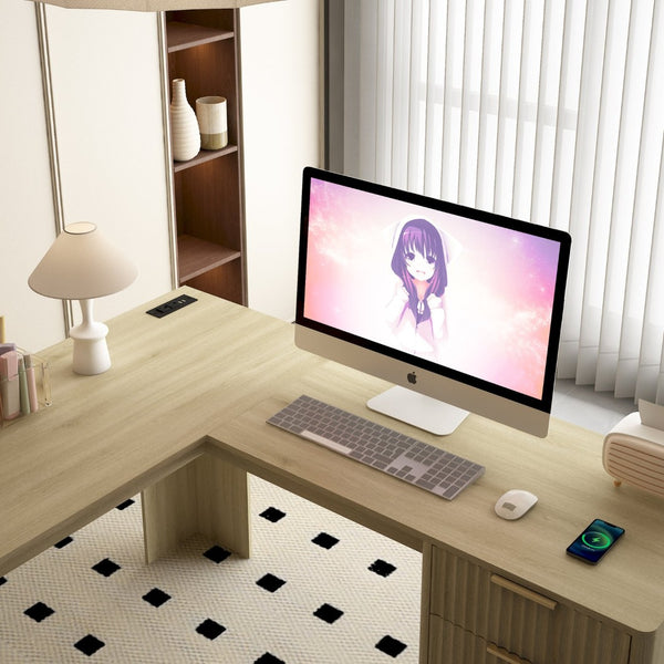 English Elm L Shaped Corner Desk with Storage Cabinet and Built in Charging Station for Home Office W1321S00038