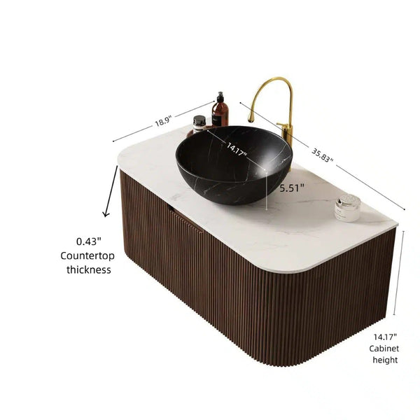 English Elm Dina Floating Bathroom Vanity Sintered Stone Top Glass Basin Striped Plywood Cabinet W2615S00427