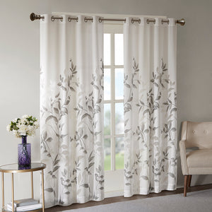 JLA Home Madison Park - Burnout Grey Botanical Curtain Panel with Silver Grommets, Semi-Sheer OEKO-TEX Fabric for Light Filtering and Modern Texture MP40-4609