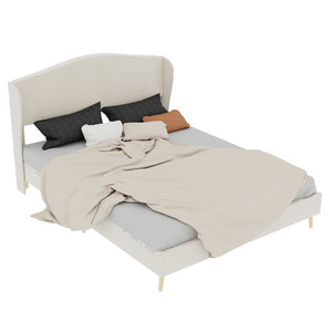 English Elm Velvet Tufted Queen Platform Bed Diamond Headboard for Elegant Master Bedroom Beige W1935P361022