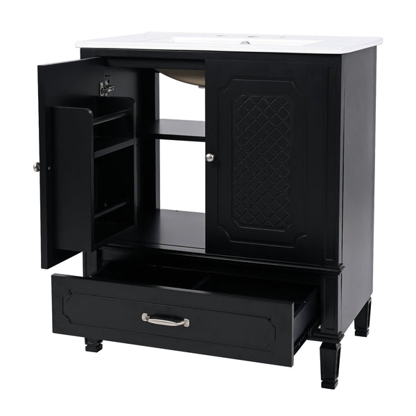 English Elm Christopher Knight Home® - 30" Bathroom Vanity with Sink Vintage Acacia Frame Ceramic Basin Soft-Close Doors & Storage Black N759P313313B