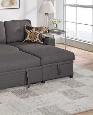 English Elm Ash Convertible Sectional Sofa with Pull-Out Bed, Reversible Storage Chaise, Cupholders, Tufted Elegance B011S01021