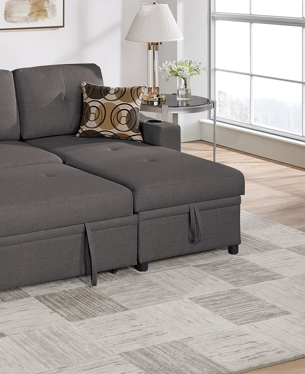 English Elm Ash Convertible Sectional Sofa with Pull-Out Bed, Reversible Storage Chaise, Cupholders, Tufted Elegance B011S01021