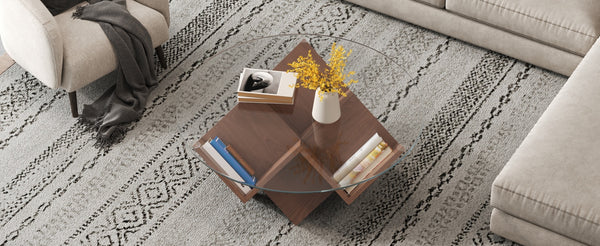 English Elm The Round Coffee Table 35.4" — Glass Top, Geometric Art Deco Walnut Base with Integrated Storage Shelves N735P350383D