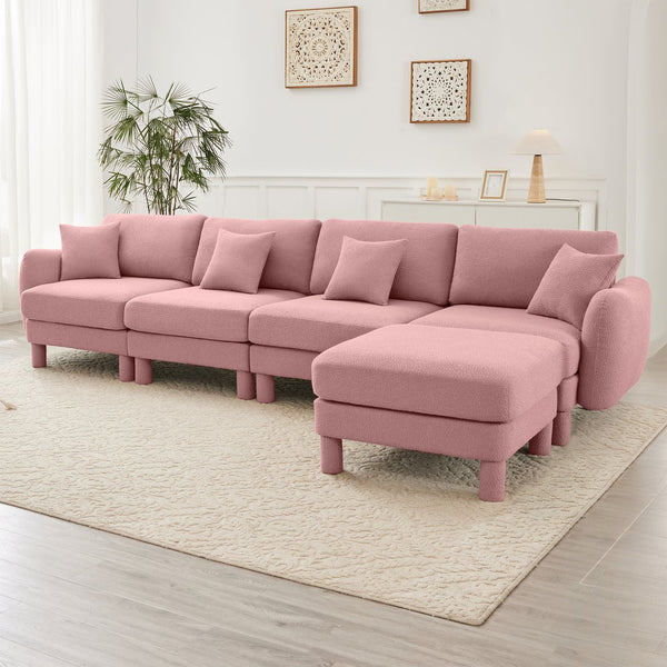 English Elm Boucle Fabric Convertible L-Shape Sectional Sofa With Shell Armrests & Removable Ottoman In Pink W3041S00296