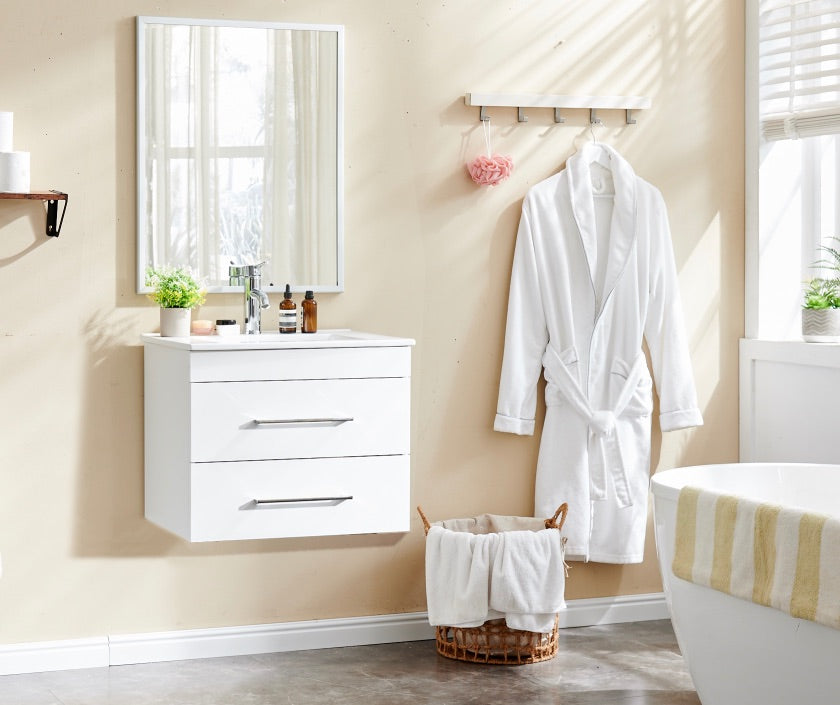 English Elm 24-Inch Modern White Gloss Wall-Mounted Bathroom Vanity With Soft-Close Drawers & Ceramic Sink W3151S00005