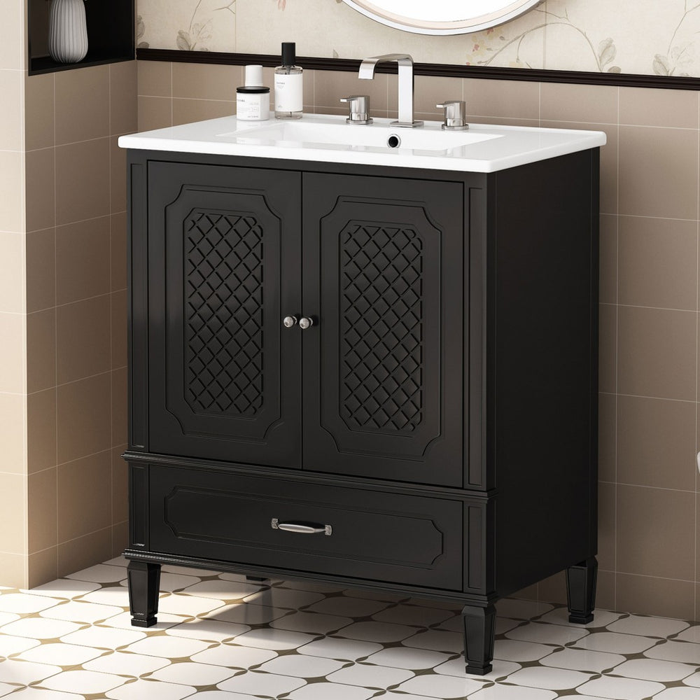 English Elm 30" Freestanding Bathroom Vanity Solid Wood Vintage Farmhouse Style Soft Close Storage N759P218644B