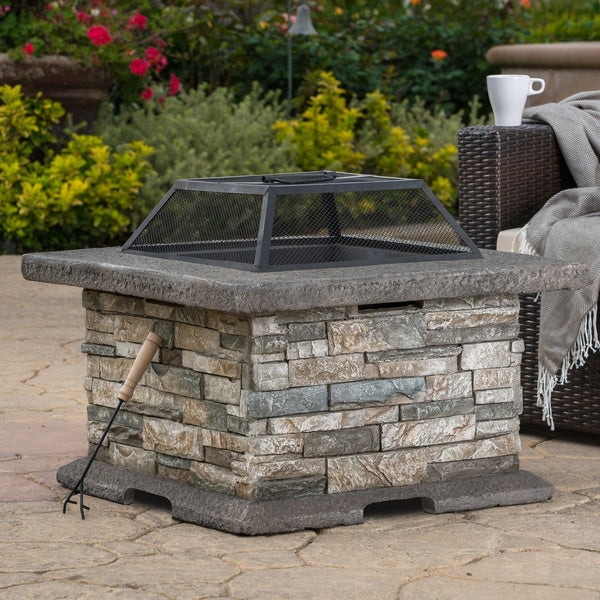 English Elm Christopher Knight Home® - 28" Square MGO Fire Pit Stone Gray – Elegant Magnesium Oxide Base, Iron Bowl, Mesh Cover & Poker Tool 54537.00
