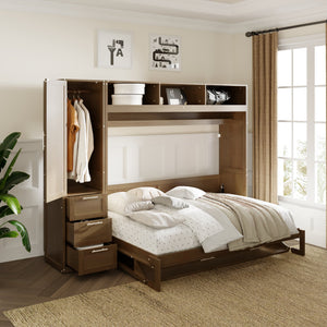 English Elm Full Full Size Murphy Bed with Wardrobe, Drawers & Open Shelves in Antique Wood—Space Saving Solution GX000388AAE