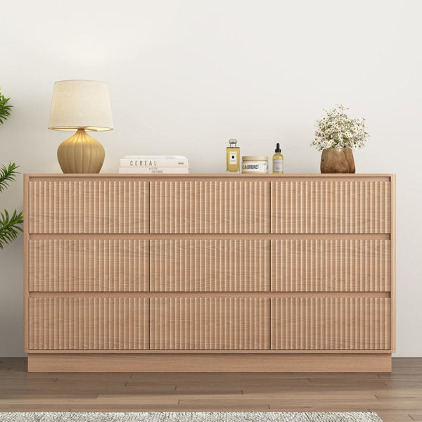 English Elm 9 Drawer Mid Century Wood Dresser Low Profile Matte Finish Bedroom Storage Cabinet Natural W409S00012