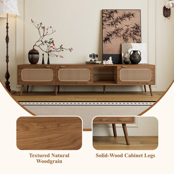 English Elm 78" Rattan TV Stand for 75-85" TVs with Glass Shelves, Solid Wood Legs, Soft-Close Doors, Walnut Finish N710P298238P