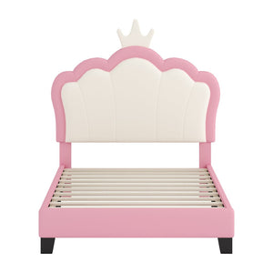 English Elm Twin Platform Bed Upholstered Crown Headboard Storybook Style for Girls Bedroom Pink N733P180807H
