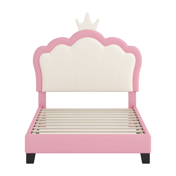 English Elm Twin Platform Bed Upholstered Crown Headboard Storybook Style for Girls Bedroom Pink N733P180807H