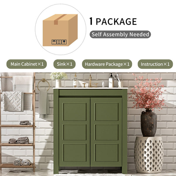English Elm 30'' 30'' Farmhouse Bathroom Vanity Olive Green with Ceramic Sink, Adjustable Shelves, Soft-Close Doors, Rustic Wood Frame N729P290712F