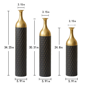 English Elm Black Black and Gold Metal Vase Set of 3 Tall Cylinder Floor Vases – Glam Textured Wedding & Home Décor W2796P278078