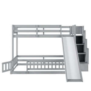 English Elm Twin Over Full Bunk Bed Solid Pine Frame with Built-in Slide and Storage Staircase Grey W504S00289