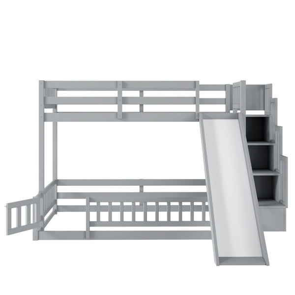 English Elm Twin Over Full Bunk Bed Solid Pine Frame with Built-in Slide and Storage Staircase Grey W504S00289