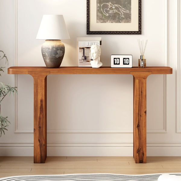 English Elm U_style Farmhouse Console Table Acacia Veneer Top Solid Wood Legs Entryway Foyer N711P207657A