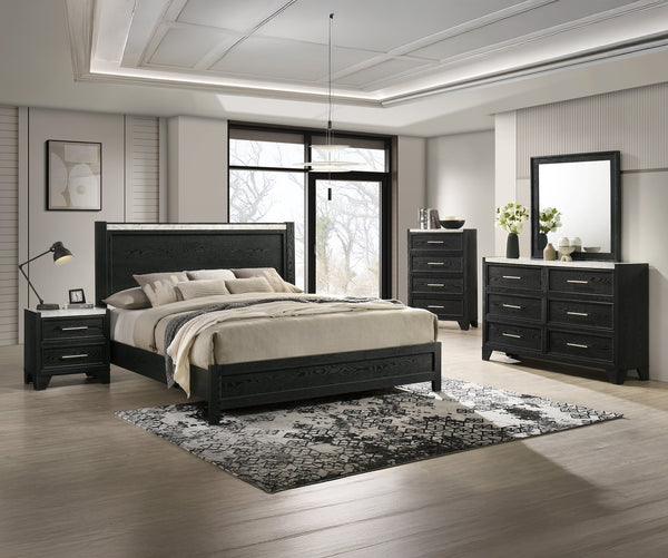 English Elm 1pc Queen Panel Bed with Faux Marble Accents and Upholstered Headboard for Contemporary Retreat Black,White 81.81 L x 30 W x 4.96 H B2741S00590