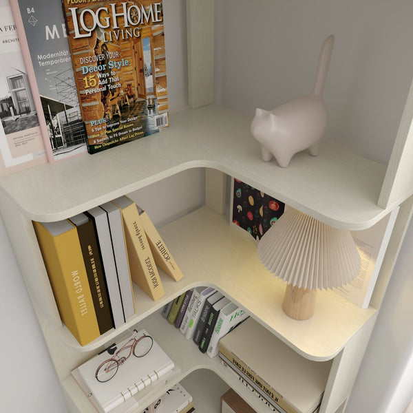 English Elm 6 Tier Freestanding L-Shaped Corner Bookshelf with Anti-Tip, Rounded Corners, 3D Wood Grain Finish White Oak W2899P372515