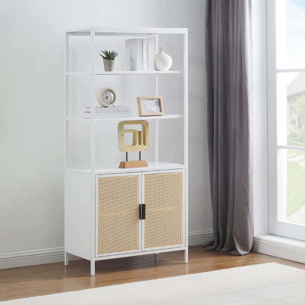 English Elm Kenneth Tall Metal and Pe Rattan Accent Cabinet with Open Shelves for Living Spaces B062P440091