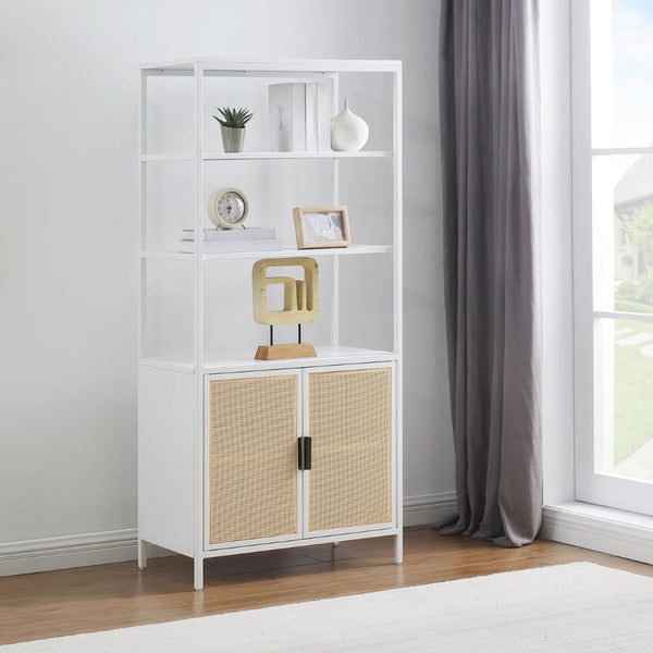 English Elm Kenneth Tall Metal and Pe Rattan Accent Cabinet with Open Shelves for Living Spaces B062P440091