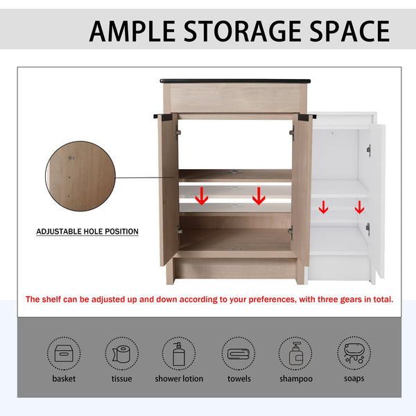 English Elm 36 Inch Freestanding Bathroom Vanity With Black Sink, Soft-Close Doors & Ample Storage Solutions W999S00303