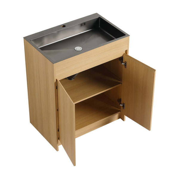 English Elm 28" Freestanding Bathroom Vanity with Gun-Gray Stainless Sink, Soft-Close Doors, Adjustable Shelves, Plywood Finish W999P376890
