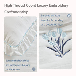 English Elm 3-piece Floral Embroidered Quilt Set Ruffled Trim Romantic Bedding for Full Queen Beds White+Blue B035P463190