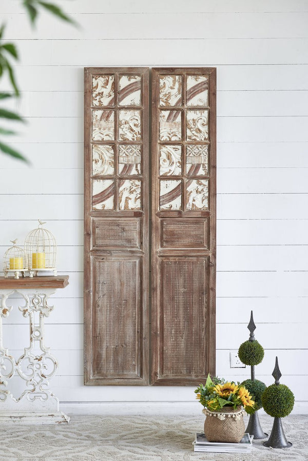 English Elm 15x73.2" Weathered Wooden Decorative Panel with Tile Accents & Floral Leaf Design for Home Decor W2078P313324