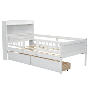 English Elm Wood Twin Size Platform Bed with Built-in LED Light, Multifunctional Headboard, Guardrail & Storage Drawers White N709P243969K